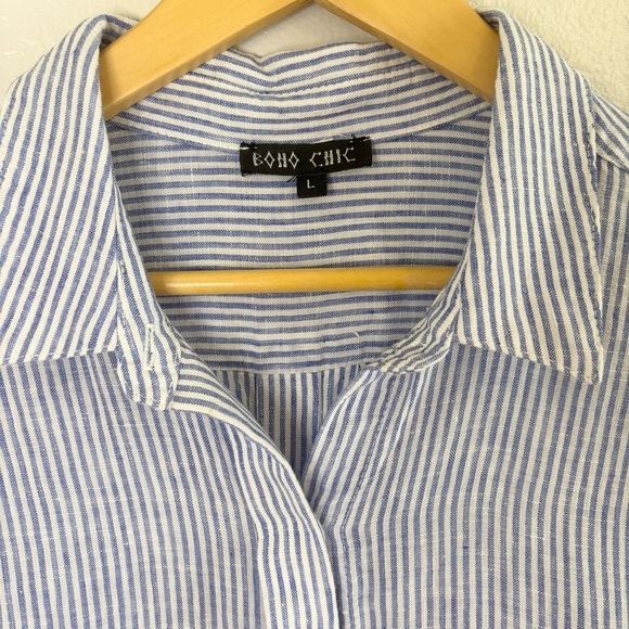 Boho Chic 100% Linen Blue White Striped Button-Back Shirt Top Size Large - Picture 7 of 10